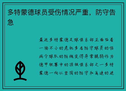 多特蒙德球员受伤情况严重，防守告急