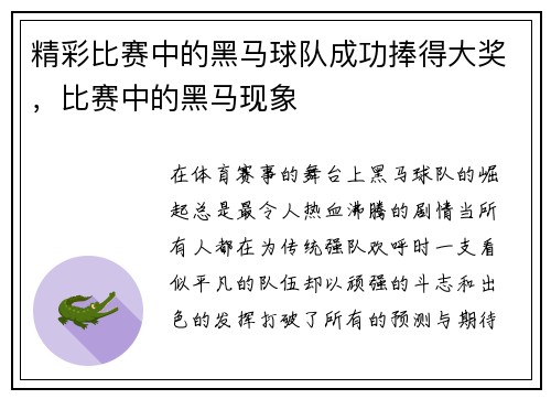 精彩比赛中的黑马球队成功捧得大奖，比赛中的黑马现象