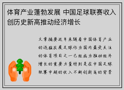 体育产业蓬勃发展 中国足球联赛收入创历史新高推动经济增长