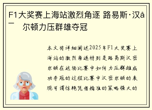 F1大奖赛上海站激烈角逐 路易斯·汉密尔顿力压群雄夺冠