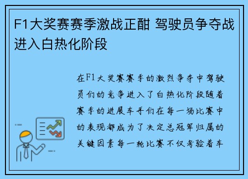 F1大奖赛赛季激战正酣 驾驶员争夺战进入白热化阶段